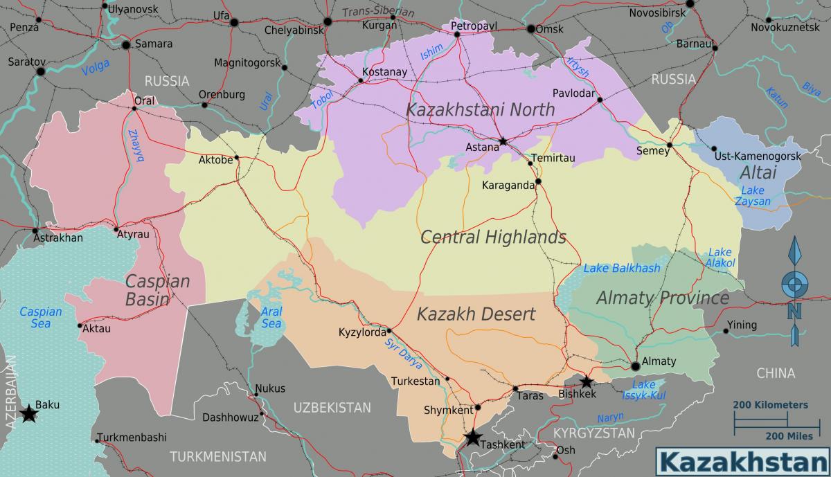mapa de las regiones de Kazajstán